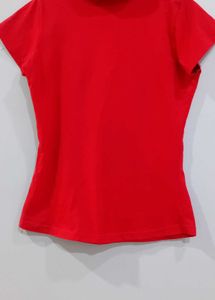 Bold Red Solid Mock Neck Fitted T-Shirt