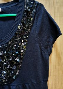 Navy Blue Wool Heavy Neck Work Top Style T-shirt