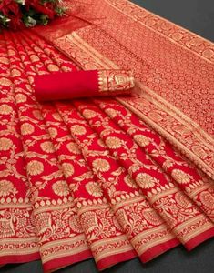 Red Floral Banarasi Silk Saree