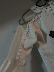 Office White High Necked Net Top With Floral Sleev