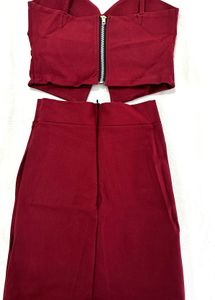 Stylish Maroon Two-Piece Outfit – Crop Top &amp; Skirt