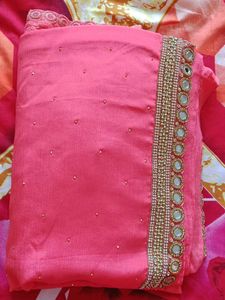 Pich Colour Mirror Work Saree