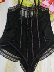 (1129)Lace Trim Black Bodysuit