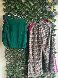 LABEL AYUSHI SHAH BONNING PANTS AND GREEN TOP