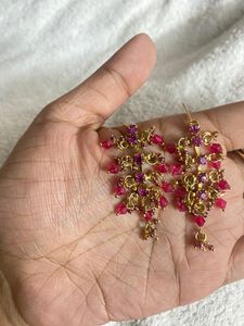 Gold Plated Party Wear Pink Necklace Set For Women