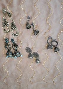Oxidised Silver Earrings Combo-5(Free Finger Ring)