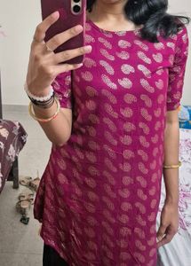Foil Print Asymmetric A-line Wine Colour Kurti