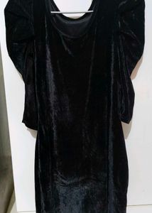 Black Velvet Finish Puff Sleeves Bodycon Dress