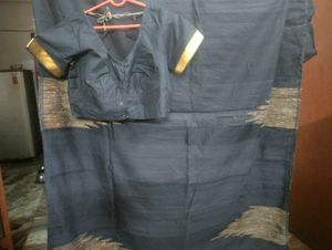 Black Cotton Saree With Matching Blouse.