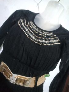 Black Pleated Dress with Belt