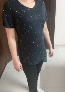 Women Black Printed Cotton Mix Tshirt