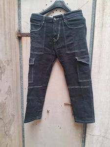 Dark Wash Cargo Pants with Contrast Stitching