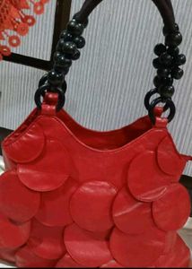 Red Petal Beaded Handle Handbag
