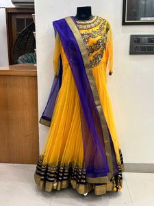 Yellow Anarkali With Blue Duppata