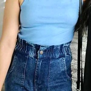 Blue Mock Neck Tank &amp; High-Waisted Jeans