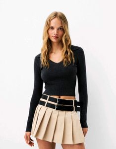 Ribbed Knit Polo Collar Fitted Crop Top🖤