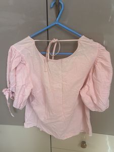 Pink Puff Sleeve Tie-Back Top