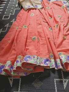 Coral Peach Embroidered Saree With Blouse Piece
