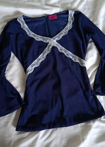 Navy Blue Lace Trim Bell Sleeve Top