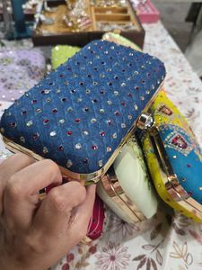 Blue Bandej Stones Hand Clutch With Sling