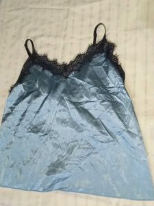 Blue Satin Lace Trim Cami