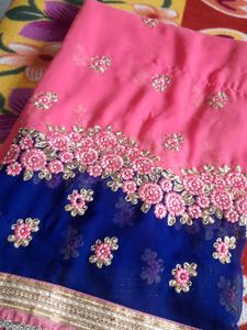 Pink Blue Saree With Stitched Blouse