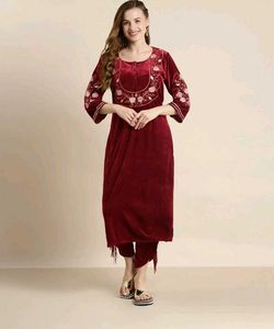 Velvet look Embroidered Kurta