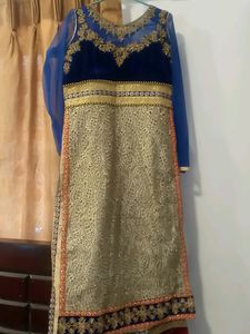 Velvet Karachi Gown ..heavy Work On Neck Double Layered Top Pant N Dupatta