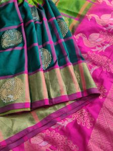 Green &amp; Pink Checkered uppada silk Saree