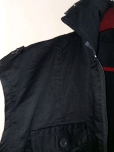 Black Collar Zipped With hoodie Multi pocket Coat