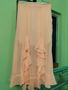 Peach Ruffle Ethnic Skirt And Top