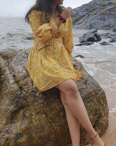 Yellow Floral Dress With Belt