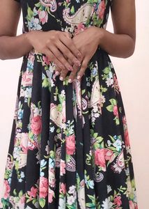 Women's Umberlla Cut Floral Print Black Frock