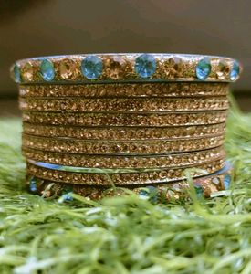 Blue &amp; Gold Beaded Bangle Set