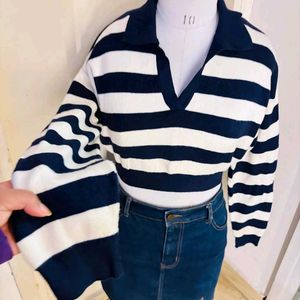 Striped Knit Sweater with Collar