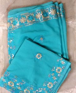 Teal &amp; Gold Embroidered Saree