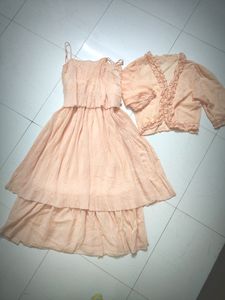 Pretty Peach ruffled layered dress with jacket