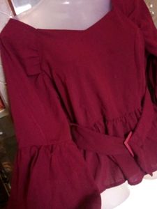 Maroon Bell Sleeve Belted Top