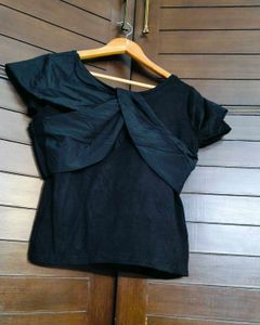 Women Black Cross-Knot V-Neck Top