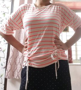 Whit And Neon Pink Stripes Casual Top With Cute Tie-up Laces. Cute Drop Shoulder Style