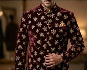 Elegant Maroon Velvet Sherwani Set