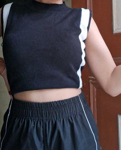 Black Sproty Tank Top With Backless Lace Net
