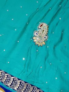 Teal &amp; Silver Embroidered Saree