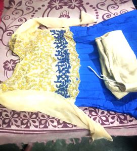Golden Blue GOWNS With Cut Work Front Side.
