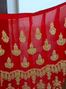 Red &amp; Gold Embroidered Lehenga Saree