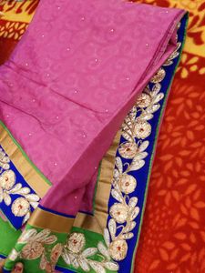 Pink Embroidered Saree with stiched blouse
