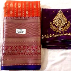 New Orange Colour Semi Kanchi Pattu Zari Weaving