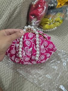 Pink Embroidery Potli Clutch With Pearl Handle