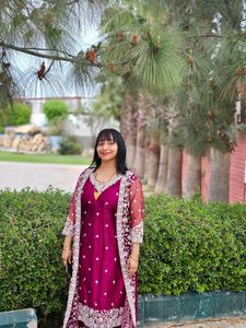 A Festive Wear Long Suit With Shrug, Pant &amp; Dupata