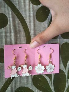 White Flower And Pink Rabbit Earings